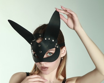 Leather mask, bunny mask, eye mask, rabbit mask, cosplay mask, exclusive accessory, masquerade mask, black harness