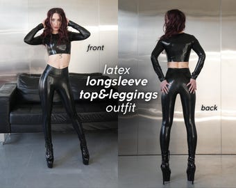 Female Black Latex Set Longsleeve Crop Top Leggings Costume Outfit for Woman