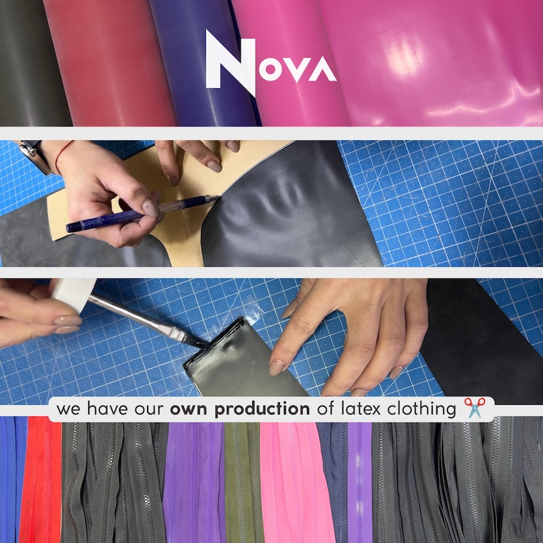 The image is a collage of three photos depicting the production of latex clothing, with a focus on the hands and tools involved in the process.