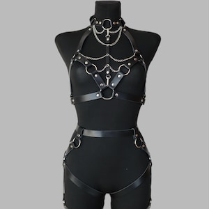Full Body Set Chain Harness Leather BDSM Open Cup Bra Choker Top Bralette Butt Panties Bottom Bondage Cage Fetish Gift for Girlfriend Women