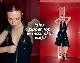 May include: A black latex outfit consisting of a sleeveless top with a front zipper closure and a matching flared maxi skirt. The text "latex zipper top & maxi skirt outfit" is overlaid on the image, which features a glossy finish.