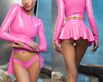 Sexy Cosplay Pink Latex Lingerie Set Longsleeve Crop Top Half Skirt Bikini Panties Under Knee Socks Stockings Fetish Anime Costume for Woman