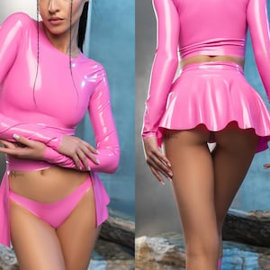 Pink Latex Set Longsleeve Top Half Skirt Bikini Panties Under Knee Socks Stockings Costume Female