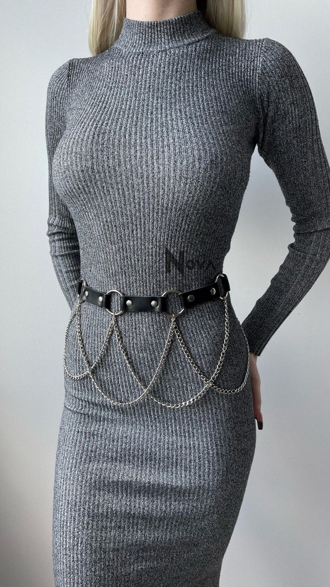 Leather Harness Belt, Chain Garter Belt, Sexy Waist Harness, Rave