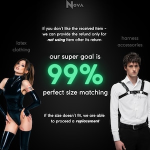 The image is a promotional graphic for a clothing brand, featuring a woman in a black outfit and a man in a white shirt with a harness. The text highlights the brand's goal of providing a perfect size for all customers, and if the size doesn't fit, they can offer a replacement.