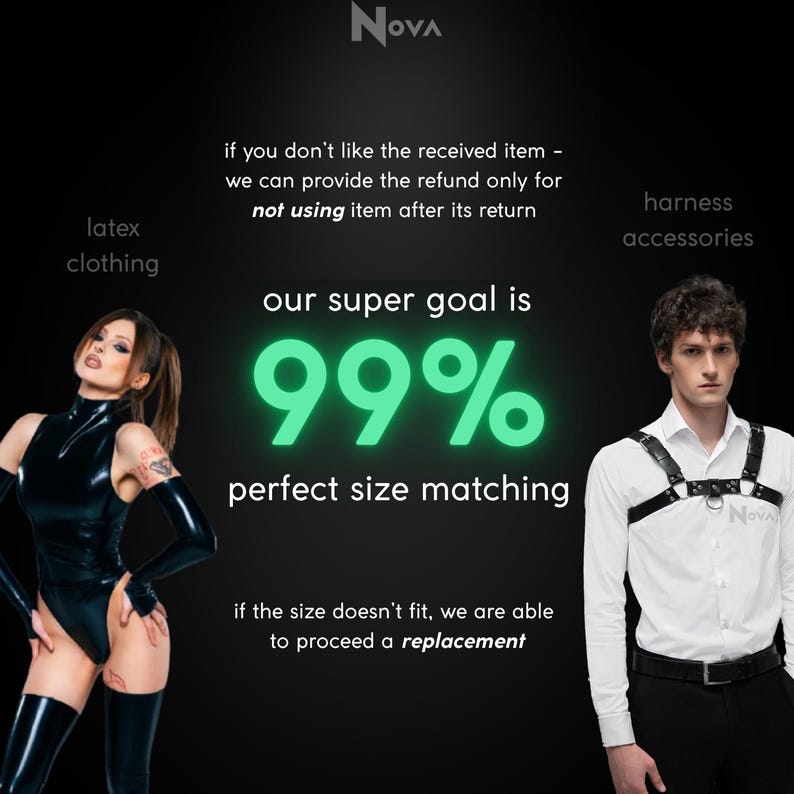 The image is a promotional graphic for a clothing brand, featuring a woman in a black outfit and a man in a white shirt with a harness. The text highlights the brand's goal of providing a perfect size for all customers, and if the size doesn't fit, they can offer a replacement.