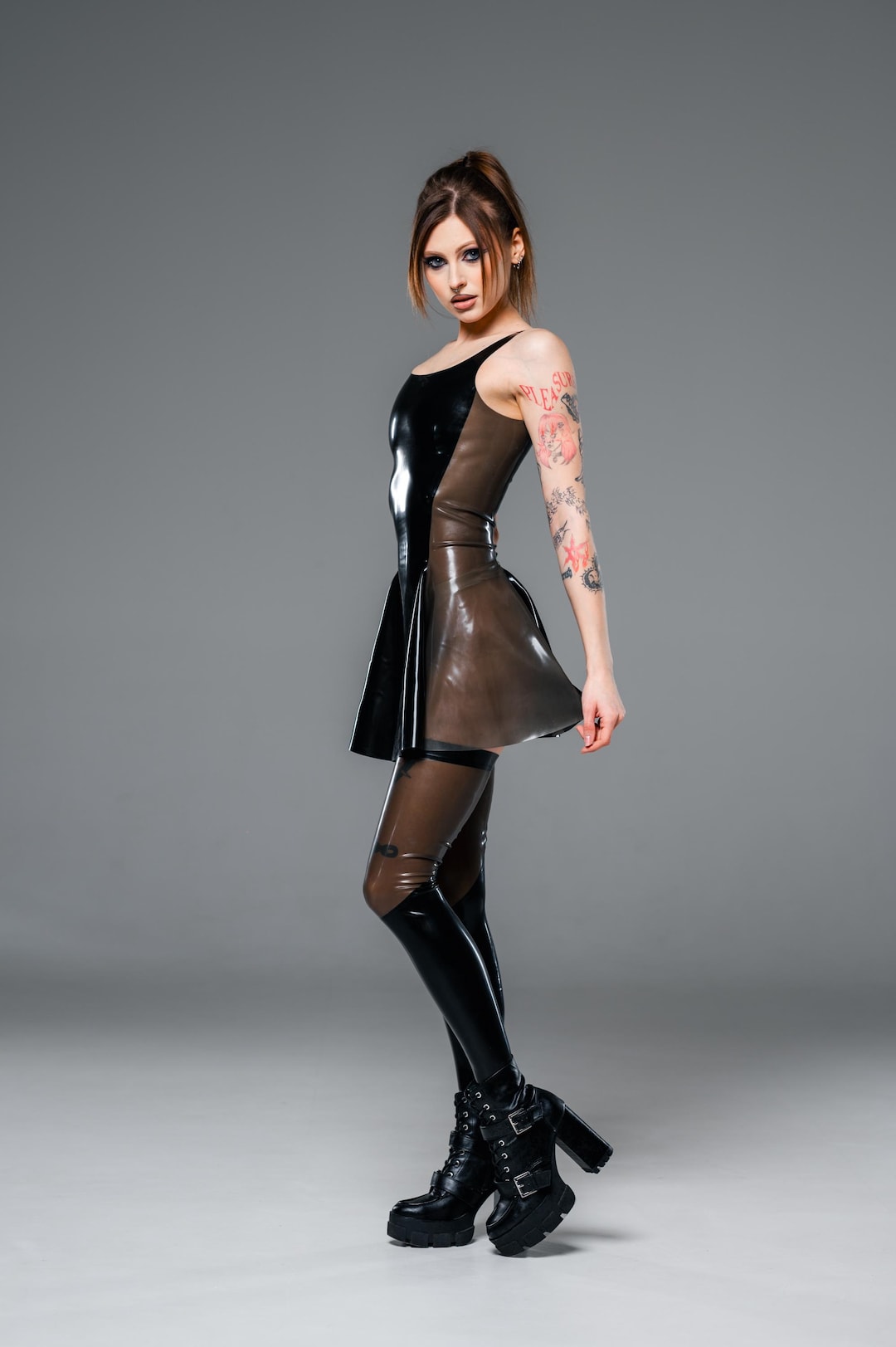 Translucent & Black Latex Dress Female Outfit Costume