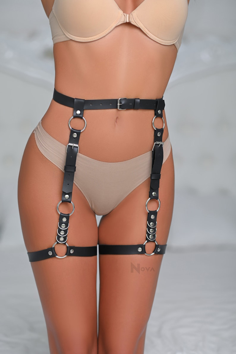 Black leather garter black garter belt leather leg harness Etsy