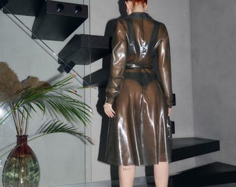 Latex Lingerie Outfit - Trench Coat Jacket Cape + Crop Top + Bikini Panties - Female Costume Set for Woman