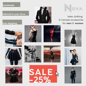 The image is a collage of various images featuring black and red latex clothing and accessories for men and women, including a hand-made tailored outfit, a black leather jacket, and a red dress. The collage also includes a sale announcement for 25% off on these items.