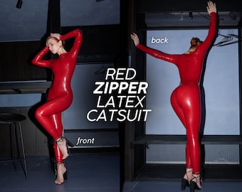 Zentai Red Latex Zipper Back Catsuit Bodysuit Body Costume for Woman