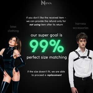 The image is a promotional graphic for a clothing brand, featuring a woman in a black outfit and a man in a white shirt with a harness. The text highlights the brand's goal of providing a perfect size for all customers, and if the size doesn't fit, they can offer a replacement.