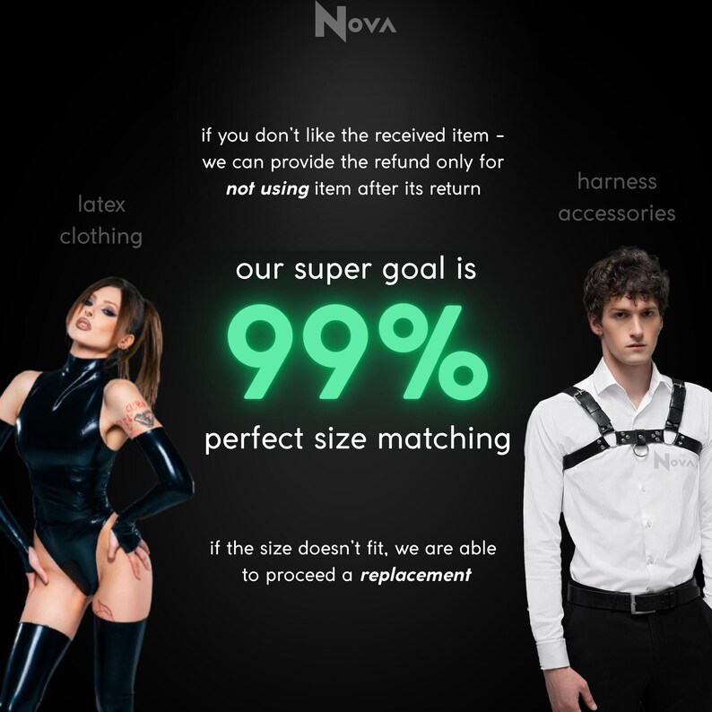 The image is a promotional graphic for a clothing brand, featuring a woman in a black outfit and a man in a white shirt with a harness. The text highlights the brand's goal of providing a perfect size for all customers, and if the size doesn't fit, they can offer a replacement.