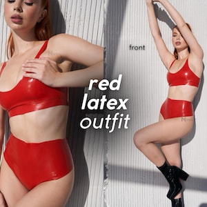 Red Latex Crop Top & Bikini Panties Female Lingerie Set Fetish Outfit Costume for Woman