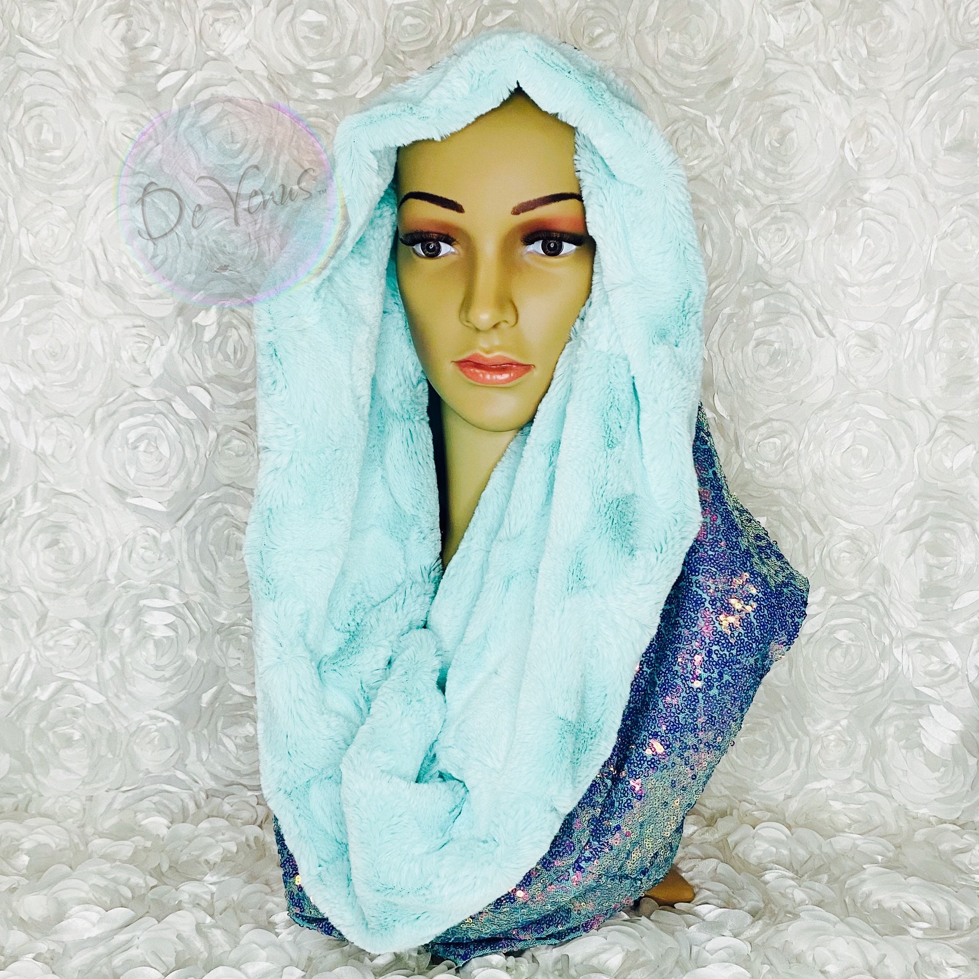 Turquoise Sequin Hooded Scarf with Chain Sequin Scarf Turquoise - Etsy main image 3