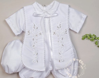 Ivory or White Boys Cross Cape and Hat Baptism Romper, Baptism Outfit for Boy, Traje de Bautizo, Baptism Ropon