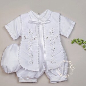 Ivory or White Boys Cross Cape and Hat Baptism Romper, Baptism Outfit for Boy, Traje de Bautizo, Baptism Ropon