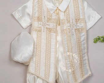 Ivory or White Boys Cross Cape and Hat Baptism Romper, Baptism Outfit for Boy, Traje de Bautizo, Baptism Ropon
