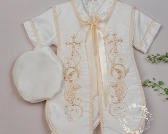 Ivory or White Boys Cross Cape and Hat Baptism Romper, Baptism Outfit for Boy, Traje de Bautizo, Baptism Ropon