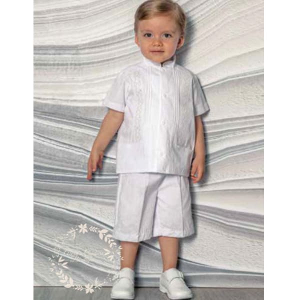 Guayabera Outift Boys Beach Outfit | Shorts and Suspenders and Matching Bow Tie Baptism Boys White Linen Shirt | Baby Boys Easter Outfit