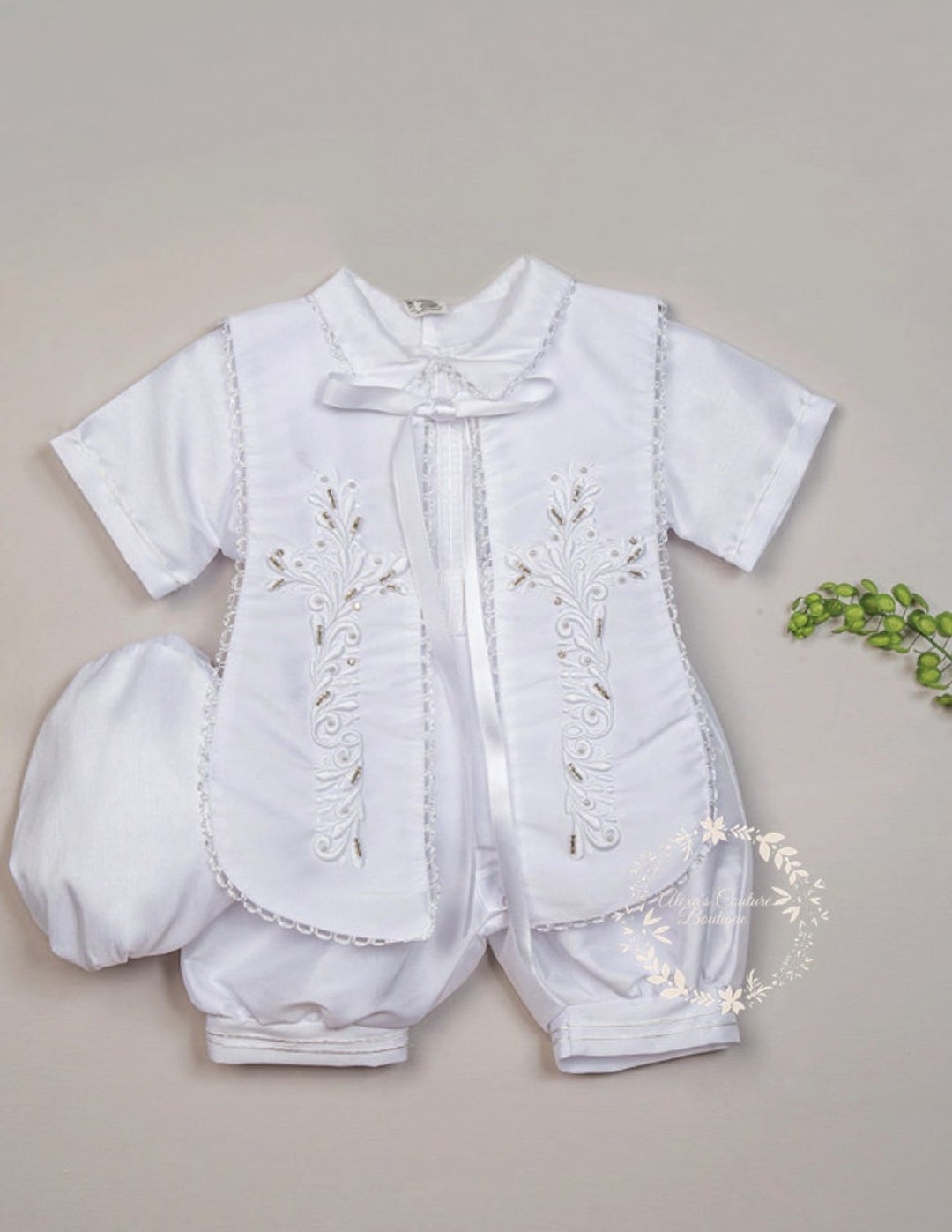 Ivory or White Boys Cross Cape and Hat Baptism Romper, Baptism Outfit ...