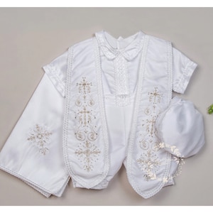 Ivory or White Boys Cross Cape and Hat Baptism Romper, Baptism Outfit for Boy, Traje de Bautizo, Baptism Ropon