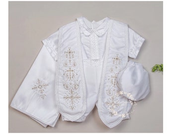 Ivory or White Boys Cross Cape and Hat Baptism Romper, Baptism Outfit for Boy, Traje de Bautizo, Baptism Ropon