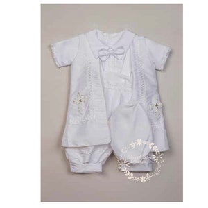 Ivory or White Boys Cross Cape and Hat Baptism Romper, Baptism Outfit for Boy, Traje de Bautizo, Baptism Ropon