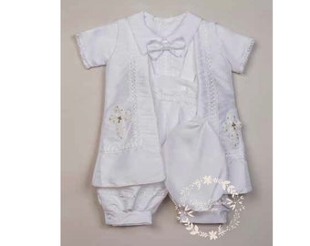 Ivory or White Boys Cross Cape and Hat Baptism Romper, Baptism Outfit for Boy, Traje de Bautizo, Baptism Ropon