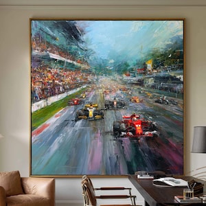 Cuadro de F1 de gran tamaño hecho a mano: Arte abstracto de un coche de carreras Ferrari, arte deportivo profesional texturizado, regalos personalizables para entusiastas de las carreras.