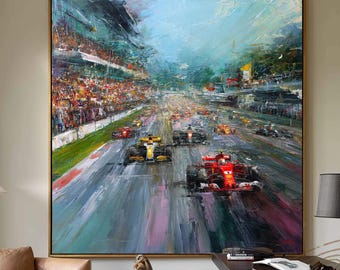 Extra groot handgemaakt F1-schilderij: abstracte Ferrari-racewagenkunst, gestructureerde professionele sportkunst aanpasbare cadeaus voor raceliefhebbers