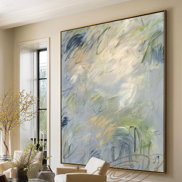 Dipinto astratto originale verde blu: arte minimalista, arte contemporanea fatta a mano
