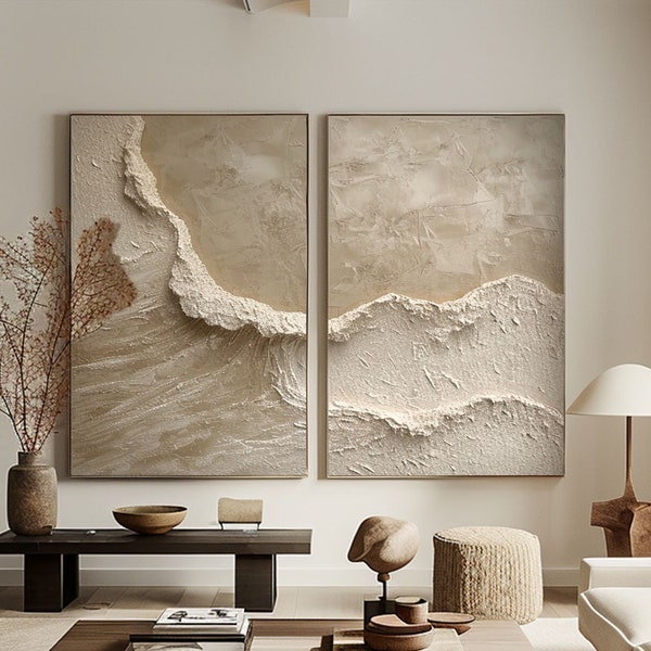 Beige Textured Abstract Painting Set of 2 Ocean Waves Painting 2 pieces Beige Abstract Painting 3D Textured Wall Art Heavy Textured Art