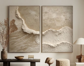 Beige Textured Abstract Painting Set of 2 Ocean Waves Painting 2 pieces Beige Abstract Painting 3D Textured Wall Art Heavy Textured Art