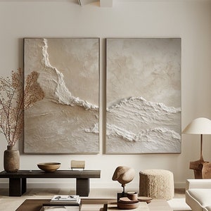 Ocean Waves Textured Abstract Painting 3D Textured Wall Art Set of 2 Ocean Waves Painting 2 pieces Beige Abstract Painting Textured Art