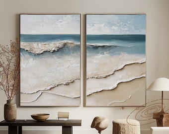Ocean Waves Painting Set: 3D Textured Plaster Art, Wabi Sabi Style
