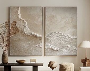 Pittura astratta strutturata delle onde dell'oceano Arte della parete strutturata 3D Set di 2 Pittura delle onde dell'oceano 2 pezzi Pittura astratta beige Arte strutturata