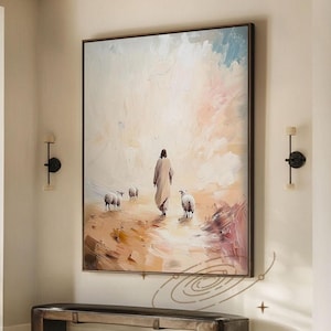 Large Textured Wall Art Christian Painting Inspirational Pastel Jesus Religious Art Spiritual Canvas Wabi Sabi Living Room Wall Art #JD01