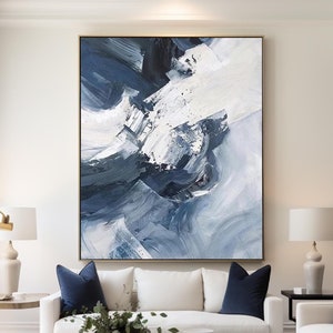 Original Navy Blue Abstract Painting Large Navy Blue Textured Art Brush Strokes Abstract Painting Minimalist Wall Art Large Canvas Art