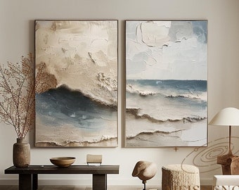Ocean Waves Textured Painting Set, Wabi Sabi Abstract Art,Plaster Art