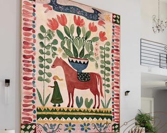 Handmade Handmade Horse & Tulip Abstract Painting,Rustic Farmhouse Animal Wall Decor,Whimsical Folk Art