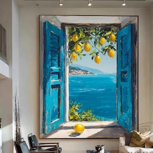 Large Coastal Lemon Tree Wall Mediterranean Window Landscape Abstract Art Italian Hand Painted Painting Aesthetic Coastal Wall Art