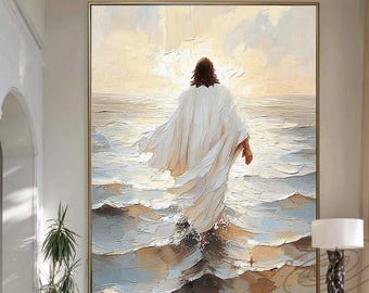 3D Textured Jesus Walking on Water Canvas,Christian Scripture Wall Art