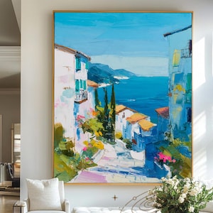Italy Coast Acrylic Painting Colorful Summer Amalfi Coast Italy Landscape Painting Impressionist Art Aesthetic Coastal Wall Art Home Decor