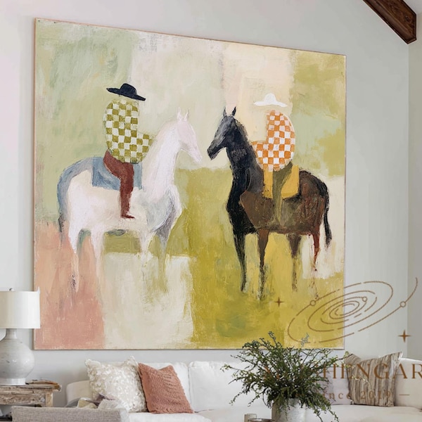 2 Cowboys and Horse Abstract Painting Green Minimalist Western Canvas Art Modern Horse Wall Art