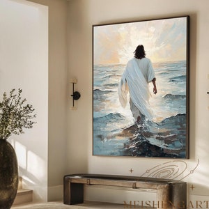 Jesus Walking on Water Scripture Wall Art 3D Textured Wall Art Christian Painting Religious Art Spiritual Canvas Living Room Wall Art #JD05