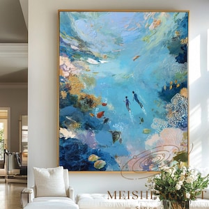 Two Swimming Girls Abstract Painting Swimmer Diving into the Sea Minimalist Swimmers Artwork Deep Blue Ocean Swimmer Art Beach House Art