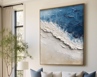 Pintura original de olas del océano sobre lienzo Arte de pared texturizado 3D Arte de pared grande Pintura azul profundo Arte de pared texturizado Pintura minimalista