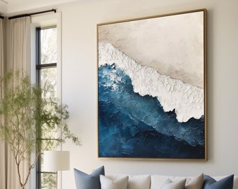 Original Ocean Wave Oil Painting On Canvas Large Wall Art Abstract Minimalist Painting Custom Blue Sea Wall Art Living Room Decor Gift