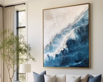 Ocean Waves Abstract Painting on Canvas Blue Abstract Painting 3D Textured Wall Art Abstract Minimalist Paintin Living Room Painting